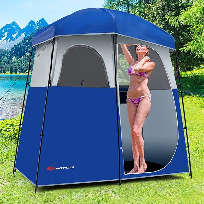 Goplus 2 Room Shower Tent Portable Camping Changing with Floor Drain Detachable Rain Fly Stakes &amp Ropes UV Protection Water Resistant Privacy for Outdoor Toilet Dressing (Blue)