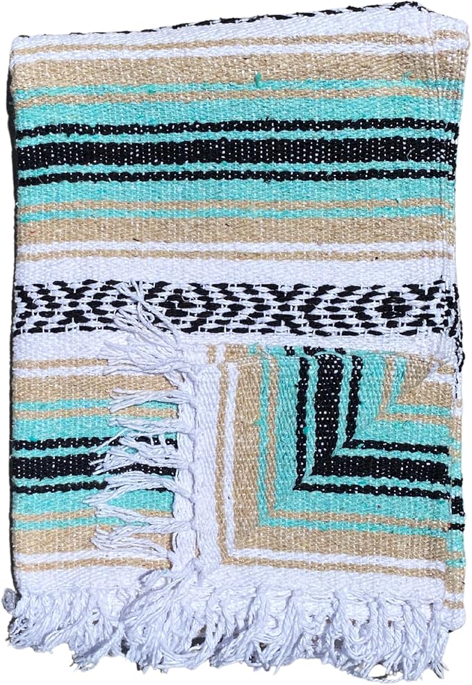 Del Mex Classic Mexican Blanket Large Authentic Woven Falsa Throw (70x50) Artisan Southwest Décor for Beach Yoga Outdoors (Mint/Tan)