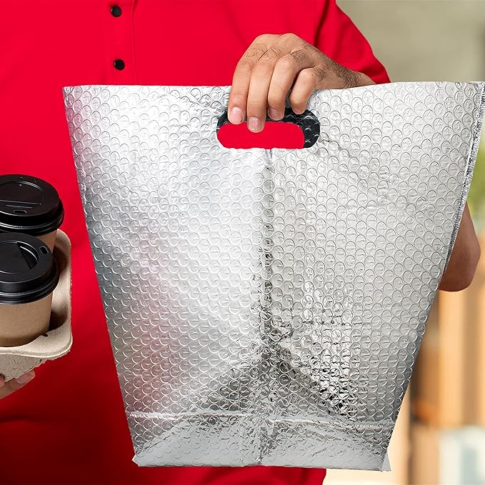 APQ Insulated Foil Bag With Handles 6 x 6 x 6 Inches. 10 Pack Thermal Bags for Frozen Food. Metallized Foil Box Liners With Bubble Cushion. Shipping Bags for Food Cosmetics