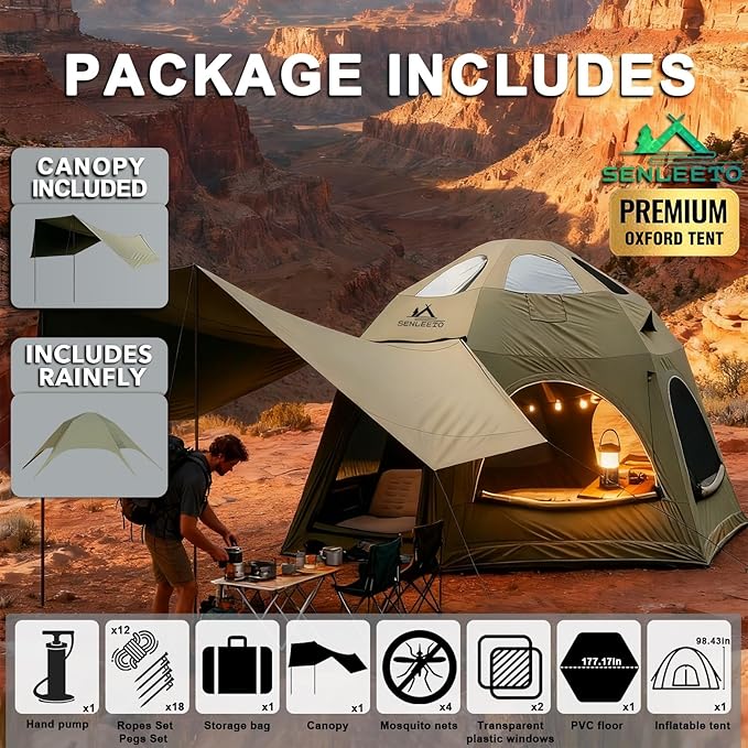 Inflatable Camping Tents 8-10 Person129 Square Feets Large Inflatable Camping Tent with Stove JackBlow up Tent with Mesh Windows &amp Pump