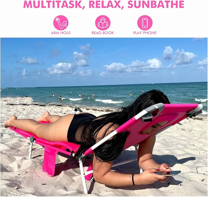 3 in 1 Women Comfort Backpack Beach Tanning Lounge Chair with Cushion Face Hole Softer Adjustable Washable Layout Sun Chair for Adults Outside Reading Sunbathing Poolside 6 Position 2 Pack Pink