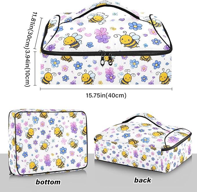 Casserole Carrier Cute Cartoon Pattern Bees and FlowerInsulated Casserole Carrier for Hot or Cold Food Thermal Lunch Tote for Potluck Parties Picnic Beach Fits 9 x 13 Inches Baking Dish