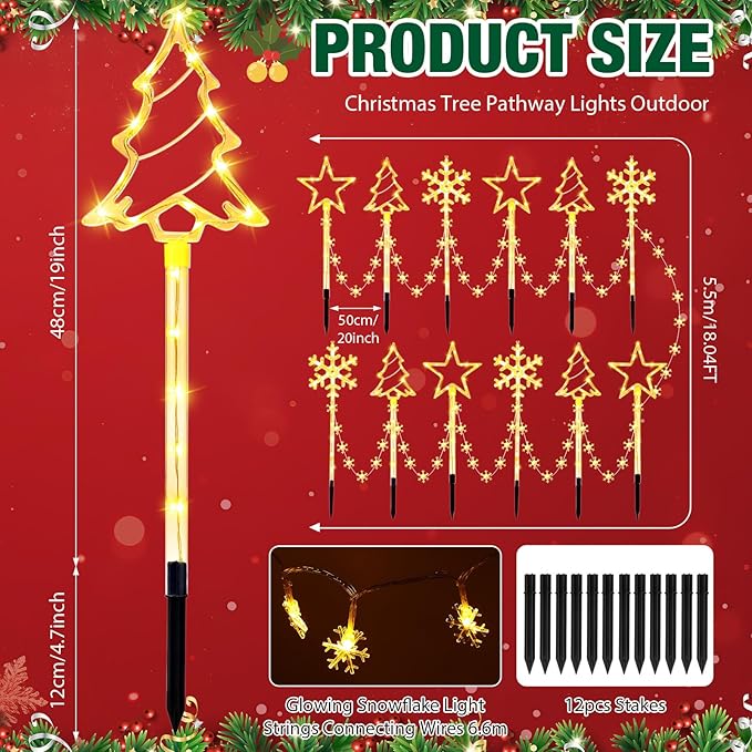 12 Pack Outdoor Snowflake Walkway Lights Plug in Christmas Pathway Lights 8 Modes Xmas Waterproof LED Garden Stake Light for Walkway Porch Yard Lawn(Warm White)