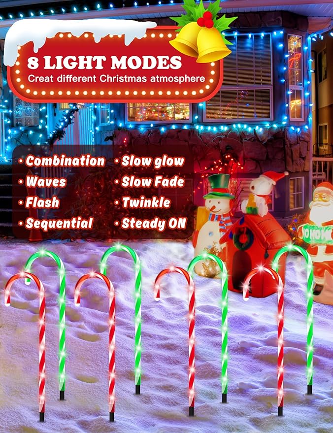 ZHAHA Solar Christmas Pathway Lights Outdoor Decorations Solar Candy Cane Lights for Yard Patio Garden Walkway with 8 Light Mode Remote Timer 48 LED Upgraded Christmas Outdoor Decorations 8 Pack