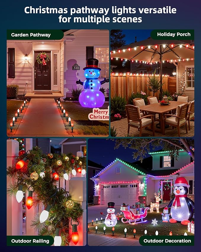 Frosted C9 Christmas Lights Outdoor 25.7 Ft Christmas Pathway Lights with 20 LED Bulbs and Stakes Connectable Christmas Yard Decorations Walkway Sidewalk Holiday Red and White
