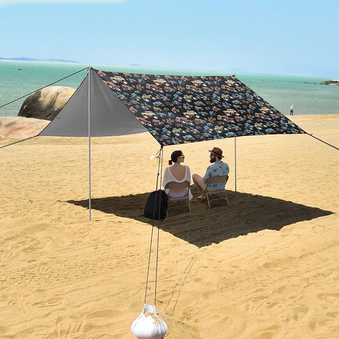 ALAZA Monster Truck Cartoon Beach Tent Sun Shelter UPF50+ Protection Beach Shade Canopy w/ 4 Sandbags for Outdoor Camping Fishing Backyard Fun Picnic 10x9 ft