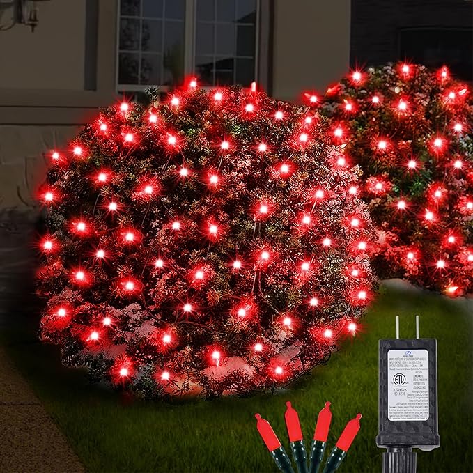 120Led Red Christmas Net Lights Outdoor 5ft x 6ft Connectable 8 Modes Waterproof Black Wire 29V Plug in Mesh Net Christmas Lights for Garden Yard Bushes Trunk Xmas Tree Decor (Red)