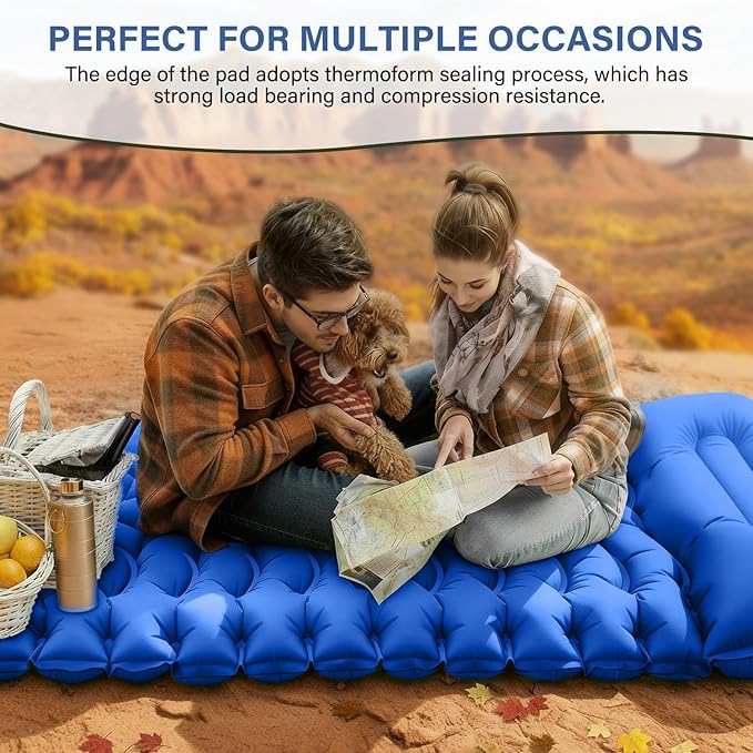 Camping Sleeping Pad Ultralight Camping Pad with Pillow Built-in Foot Pump Inflatable Sleeping Mat Compact for Camping Backpacking Hiking Traveling - Blue Single