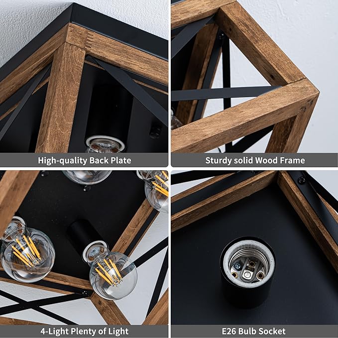 Farmhouse Ceiling Light 4-Light Flush Mount Ceiling Light with Black Metal and Wood Rustic Light Fixture for Hallway Entryway Kitchen
