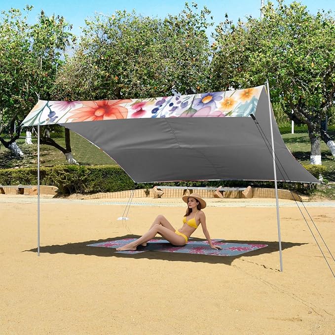 Watercolor Small Flowers Beach Tent Sun Shelter 9.2' x 10.5' Beach Canopy with 4 Sandbags 4 Stability Poles Sand Shovels - Tent Canopy for Beach Camping Fishing Picnics