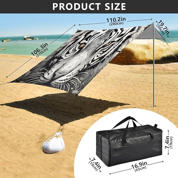 White Tiger Face Beach Tent Sun Shelter 9.2' x 10.5' Beach Canopy with 4 Sandbags 4 Stability Poles Sand Shovels - Tent Canopy for Beach Camping Fishing Picnics