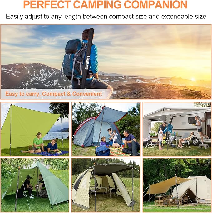 CAMULAND Tent Poles Heavy Duty Tarp Poles Canopy Poles Aluminum Tent Poles with Non-Slip Cone Bottom Adjustable Telescoping Tarp Poles