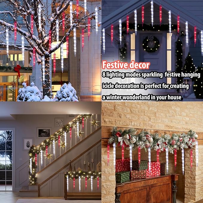 Red and White Icicle Christmas Lights - Outdoor &amp Indoor Hanging with 20 Large Tubes 29FT 8 Modes with Timer Connectable Meteor Shower Lights for Candy Cane Theme Decoration