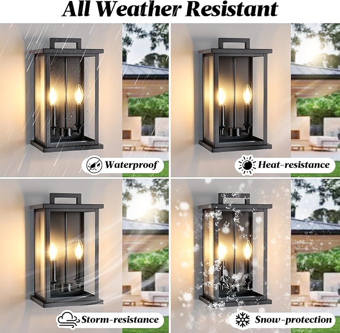 Large Outdoor Lights For HouseModern Exterior Lighting FixturesBlack Outdoor Wall Lantern Sconce2-Light Front Porch Garage Hallway Wall Mount Light With Thick Glass Shades Waterproof 2 Pack