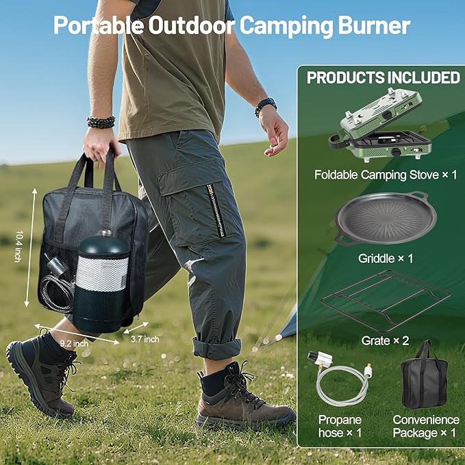 Portable Camping stove 2 Burner Foldable Camping Stove with Griddle and Carrying Bag &amp Hose 8600BTU Portable Propane Camp Stove with Ignition &amp 2 Adjustable Burnersfor Camping Tailgating BB