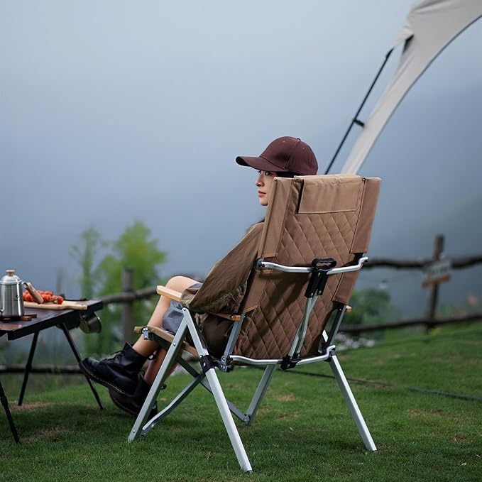 Reclining Camping Chair Heavy Duty Folding Chairs with 4-Stage Adjustable High Back for Adults Compact Foldable Outdoor Patio Reclining Chair with Storage Bag (Khaki 2 Pack)