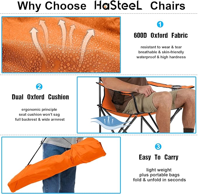 HaSteeL Camping Chair for Adults Folding Beach Chair Set of 2 Large Foldable Portable Chair for Outdoors Fishing Hiking Sporting Travel Picnic Lawn Hold 275lbs &amp A Storage Bags (Orange)