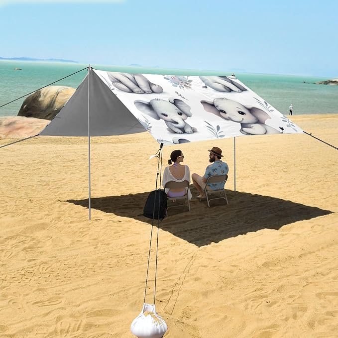 Cute White Elephant Camping Sun Shelter Beach Tent Portable Beach Sun Shade Outdoor Canopy for Camping Trips Fishing Picnic