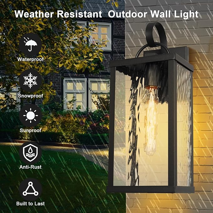 Outdoor Wall Light Fixture Modern Black Exterior Wall Lantern with Water Ripple Glass Farmhouse Vintage Waterproof Wall Sconce Porch Light for Patio Garage Front Door Garden Yard E26
