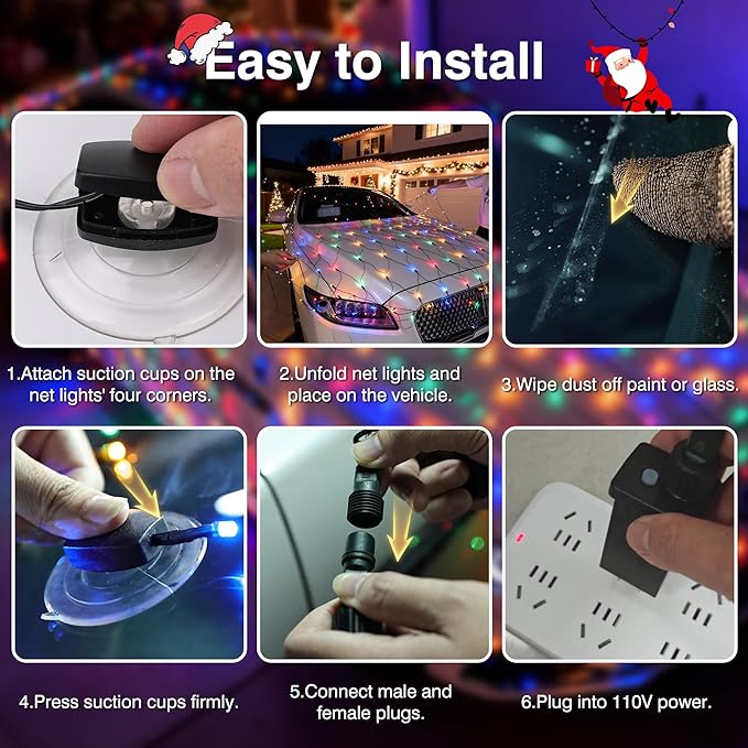 2 Sizes of Net Lights Set - 7 Pcs Outdoor Multicolor Christmas Mesh Lights with 8 ModesTimer Memory FunctionIncludes 3 * 160 LEDs 6.56 x 4.92ft + 4 * 80LEDs 3.28 x 3.93 ft + 40 Suction Cup Hooks