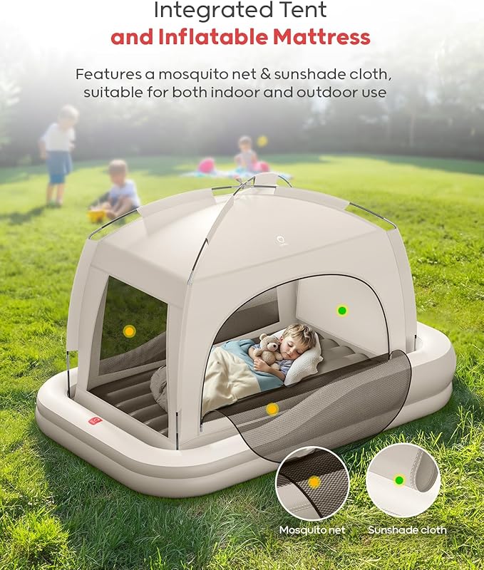 QPAU Inflatable Toddler Travel Bed with Tent Portable Kids Air Mattress with Safety Sides Ideal for Home Grandma's Camping Traveling -Includes Fast Electric Pump