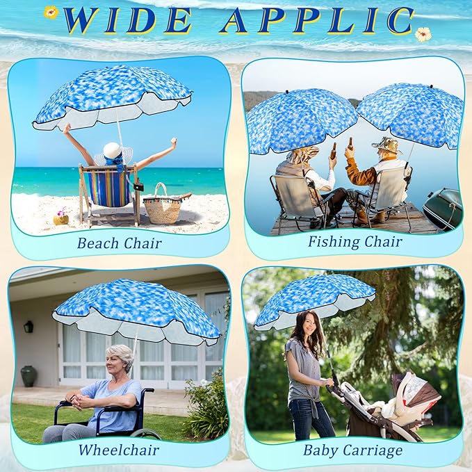 Buryeah 2 Pcs Automatic Chair Umbrella with Universal Clamp 44 UPF 50+ Portable Clamp on Beach Chair Adjustable Wheelchair Umbrella for Outdoor Patio Parasol