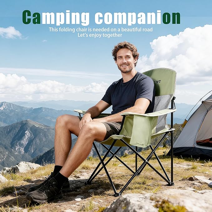 Portable Outdoor Folding Chair with Cup Holder &amp Cooler Bag - Breathable Mesh Wide Armrests Ergonomic Design for Camping Beach Backyard - Includes Storage Bag &amp Bottle Opener (Black/Green/