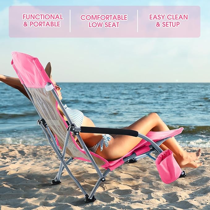 Huwena 2 Pack Beach Chair for Adult with 2 Umbrella Low Folding Chair Detachable Adjustable Lightweight with Armrests Cup Holder Carry Bag Portable for Sand Camping Travel Outdoor Pool(Rose Red)