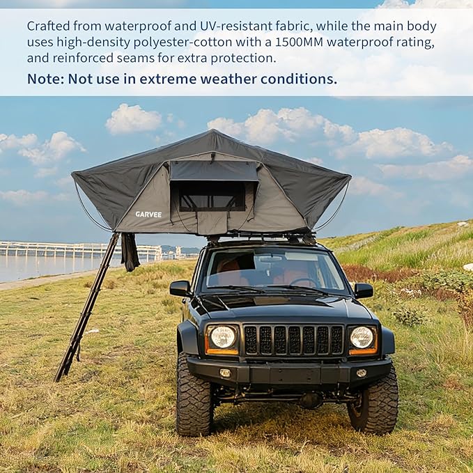 Garvee Rooftop Tent Soft Shell Easy Setup Roof Top Tent with Telescopic Ladder &amp LED Light Waterproof UV Resistant 4-Season Design for 2-3 Person Camping on Truck SUV Van Trailer