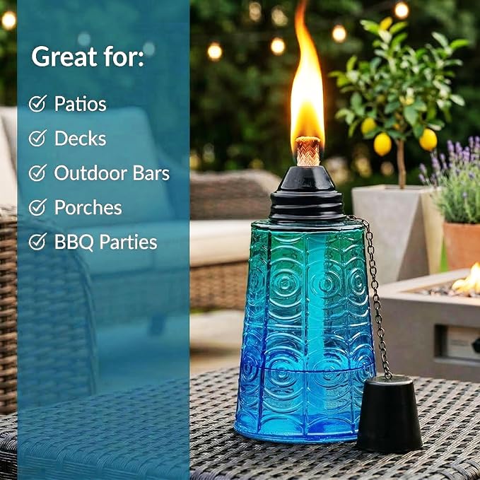 Seraphic Citronella Table Top Torches for Outdoor Patio 16oz Decorative Glass Torch Citronella Candles for Outside Deck Garden Parties Set of 3 Tropical Blue