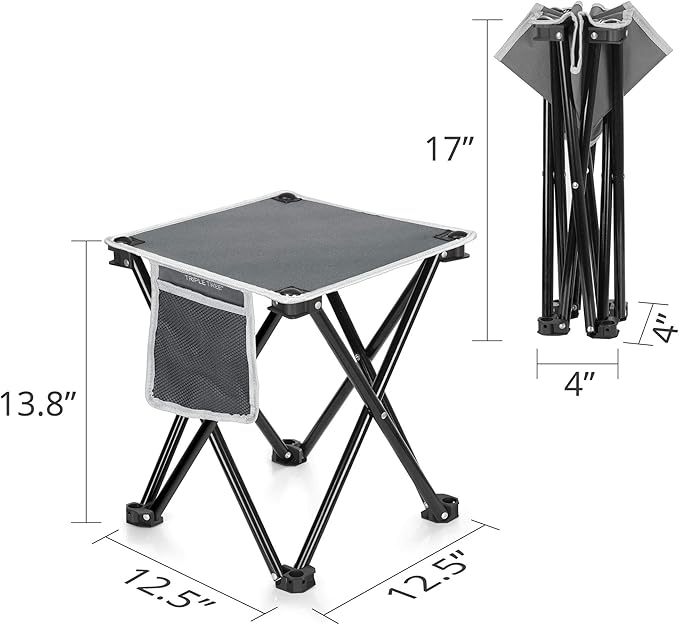 Triple Tree 2 Pack Folding Camping Stool 13.8 Inch Small Portable Lightweight Stool with Side Pocket Foot Stool with Carry Bag for Hiking Fishing and Beach Hold up to 400lbs Grey