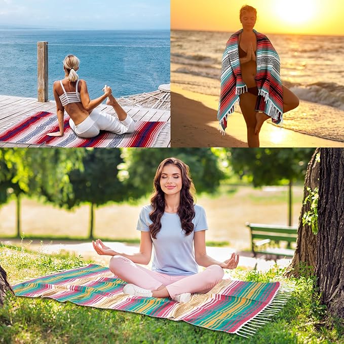 Peryiter 9 Pcs Mexican Blanket Bulk Large Yoga Blanket Striped Falsa with Fringed for Outdoor Beach Picnic Couch 45 x 70 inch (Retro Colors)