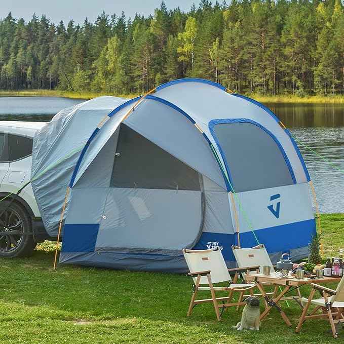 JOYTUTUS SUV Tent for Camping with Rainfly Double Door Design Car Tent with Aluminum Poles SUV Tailgate Tent with Waterproof PU2000mm Double Layer for 4-8 Person Blue