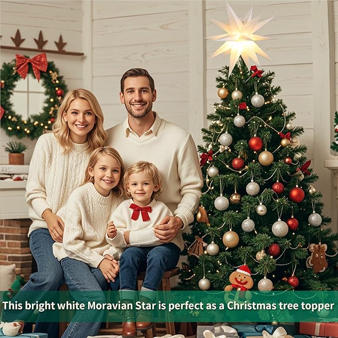 18 Moravian Star Outdoor Light Moravian Star Christmas Decorations Tree Topper Lighted Battery Operated Remote Control Hanging Outdoor/Indoor Tree Star Light for Courtyard Porch-White