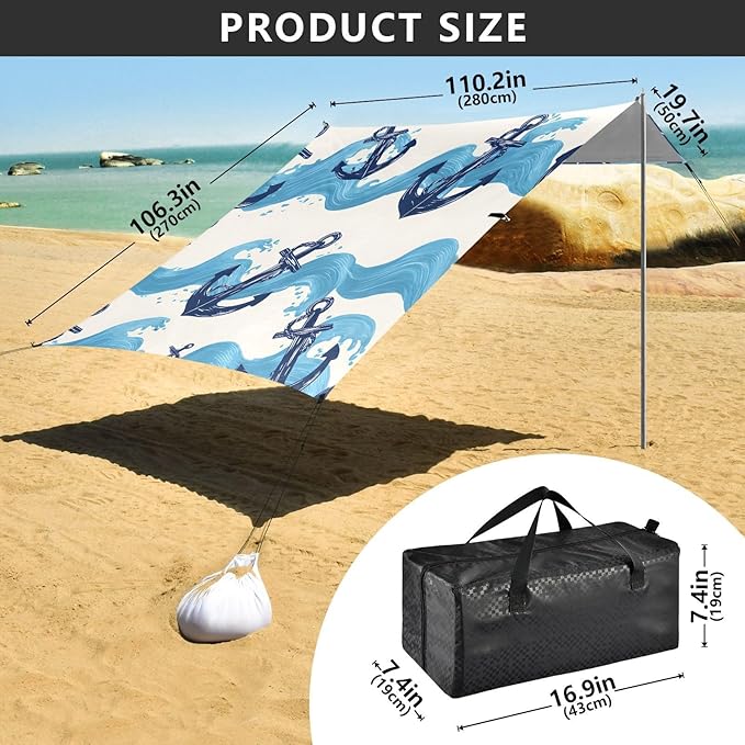 Bolaz Beach Canopy Tent Sun Shade9'×10.5' Large Family Beach Shade UPF50+- Outdoor Shade for Camping Trips FishingWave Boat Anchor Pattern