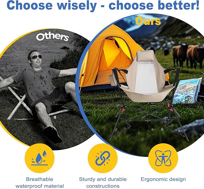 Hammock Camping Chair Portable Chairs with Pillow Cup Holder and Carry Bag Lightweight Foldable Chair for Outside Camping Hiking Travel Beach and Sports (Khaki)