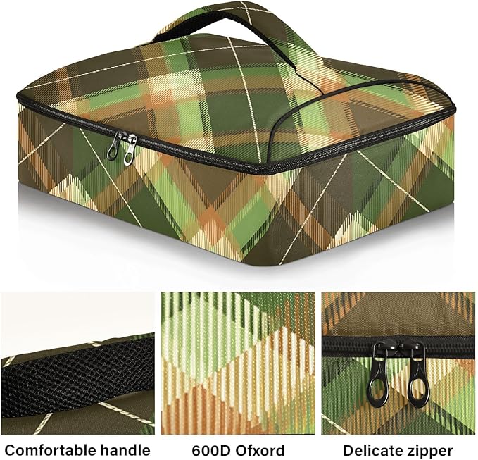 Casserole Carrier Green and Brown Tartan Insulated Casserole Carrier for Hot or Cold Food Thermal Lunch Tote for Parties Picnic Travel Carry Bag