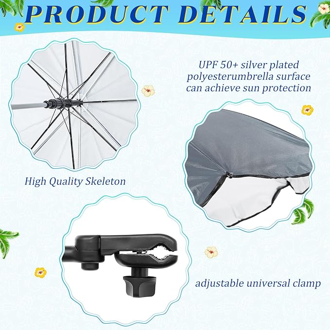 Buryeah 2 Pcs Automatic Chair Umbrella with Universal Clamp 44 UPF 50+ Portable Clamp on Beach Chair Adjustable Wheelchair Umbrella for Outdoor Patio Parasol