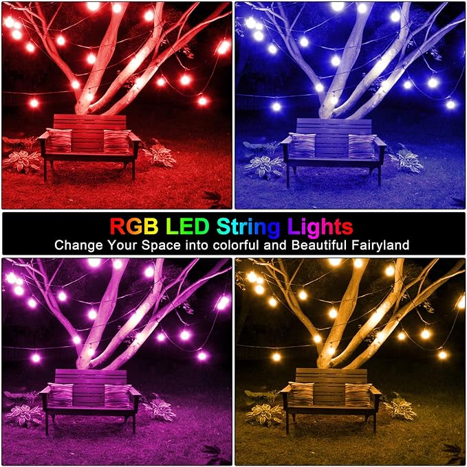 Mlambert 48FT Outdoor Patio Lights Waterproof Dimmable with Remote RGB Cafe LED String Light with 15 Shatterproof Bulbs for Bistro Party-Black 1 Pack