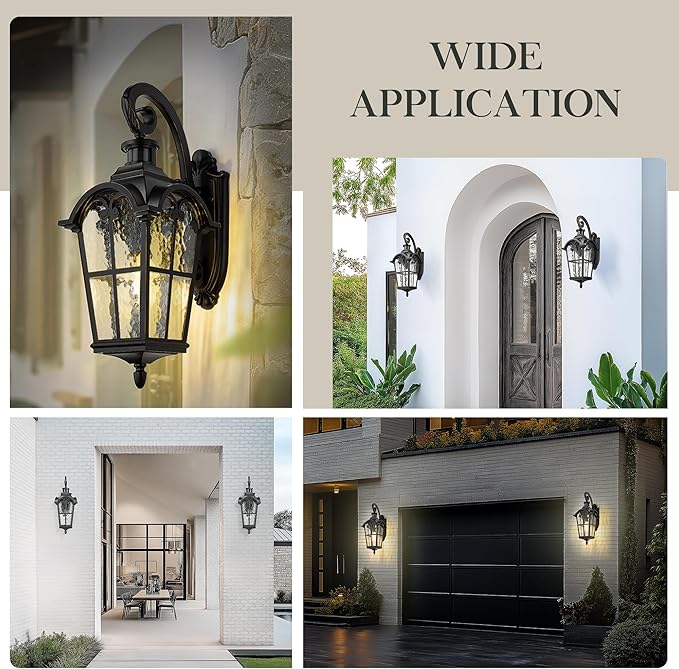 Emliviar 24 Motion Sensor Outdoor Light Fixtures Wall Mount Aluminum Exterior Porch Light in Black Finish with Gold Edges Outside Wall Light with Water Glass WE305BL-SE BG-SW