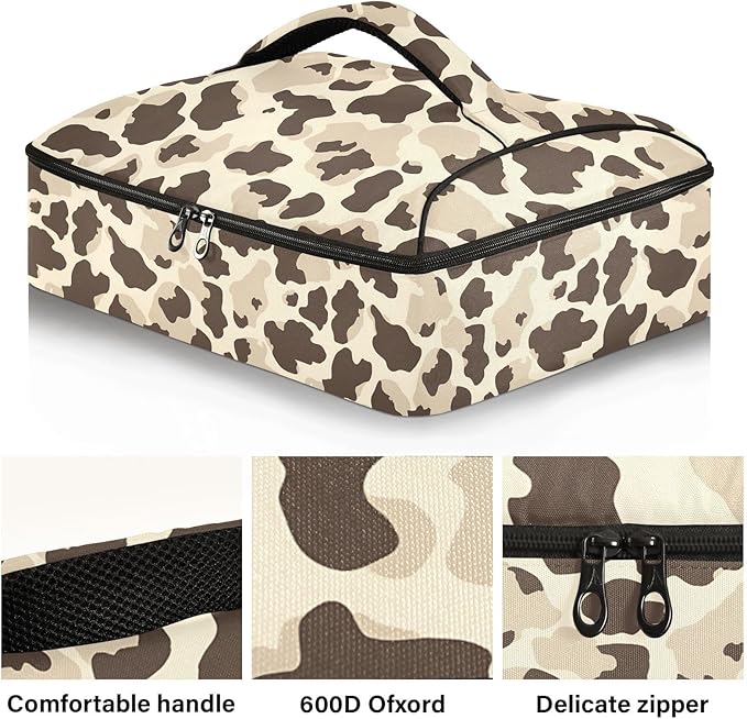 Casserole Carrier Cow Spots in Brown and BeigeInsulated Casserole Carrier for Hot or Cold Food Thermal Lunch Tote for Potluck Parties Picnic Beach Fits 9 x 13 Inches Baking Dish