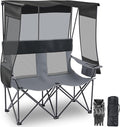 Double Camping Chair with Canopy Shade - 2 Person Beach Loveseat Folding Camp Chair with Cup Holders &amp Cooler Bag Portable Heavy Duty Outdoor Seating for Camping Beach Sports Backyard