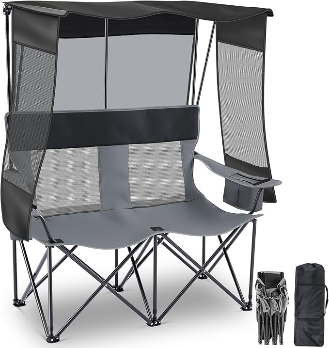 Double Camping Chair with Canopy Shade - 2 Person Beach Loveseat Folding Camp Chair with Cup Holders &amp Cooler Bag Portable Heavy Duty Outdoor Seating for Camping Beach Sports Backyard