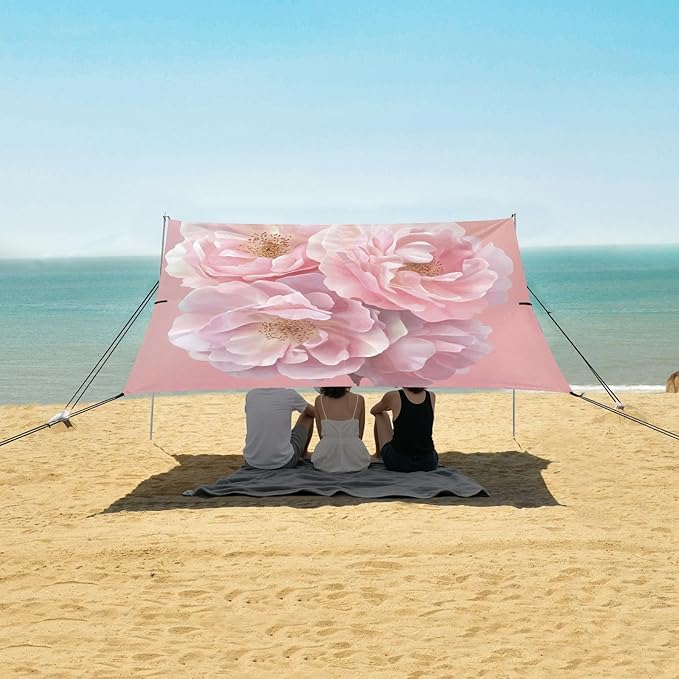 ALAZA Pink Rose Flowers Beach Tent Sun Shelter UPF50+ Protection Beach Shade Canopy w/ 4 Sandbags for Outdoor Camping Fishing Backyard Fun Picnic 10x9 ft