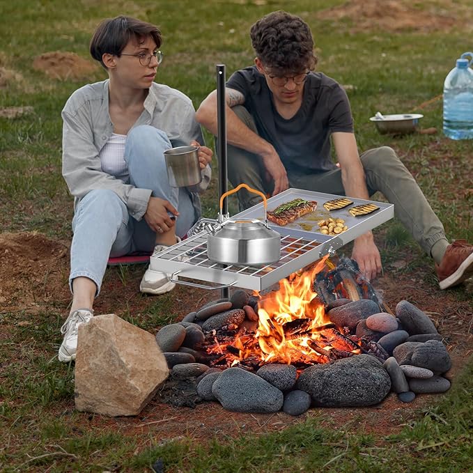 Skyflame Folding Campfire Grill Grate Stainless Steel Swivel Camping Grill Grate and Griddle with Carrying Bag Portable Outdoor Cooking Equipment for Open Flame Fire Pit Backpacking Camping