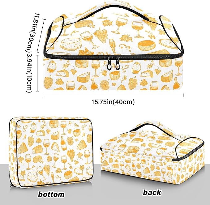 Casserole Carrier Wine and CheeseInsulated Casserole Carrier for Hot or Cold Food Thermal Lunch Tote for Potluck Parties Picnic Beach Fits 9 x 13 Inches Baking Dish