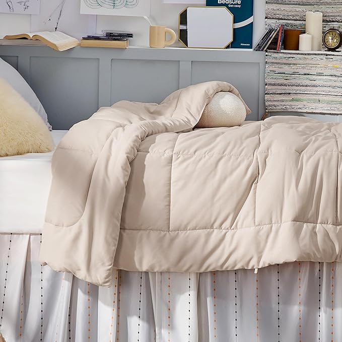 Bedsure Comforter Duvet Insert - Quilted Comforters Twin Size All Season Duvet GentleSoft Down Alternative Bedding with 8 Tabs Gifts for Women/Men Beige Twin 88 x 68 Inches