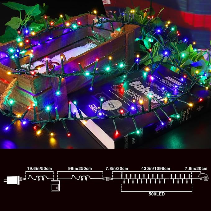 LAMPHOME 500 LED String Lights Outdoor 16 Modes Plug-in Twinkle Fairy for Bedroom 46ft 500LED Christmas Cluster Outdoor Waterproof - Multicolor