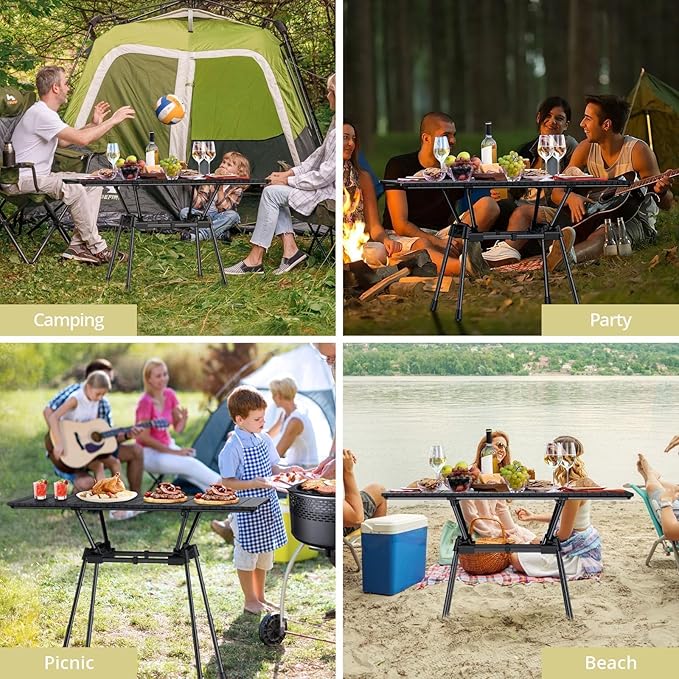 Anbte 3ft Roll Up Camping Table Max 27.5 4 Adjustable Heights Aluminum Camping Table Foldable Waterproof with Carrying Bag Lightweight for Garden Picnic Outdoor Travel Beach 35” X 16” Black