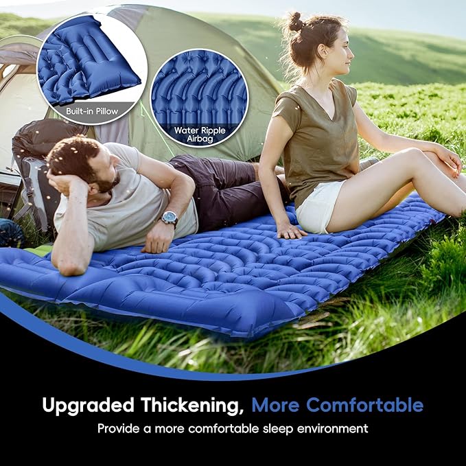 Double Sleeping Pad for Camping 4 Extra-Thick Self Inflating Camping Mattress for 2 Person with Pillow Built-in Foot Pump Portable Sleeping Mat for Backpacking Hiking Traveling Tent